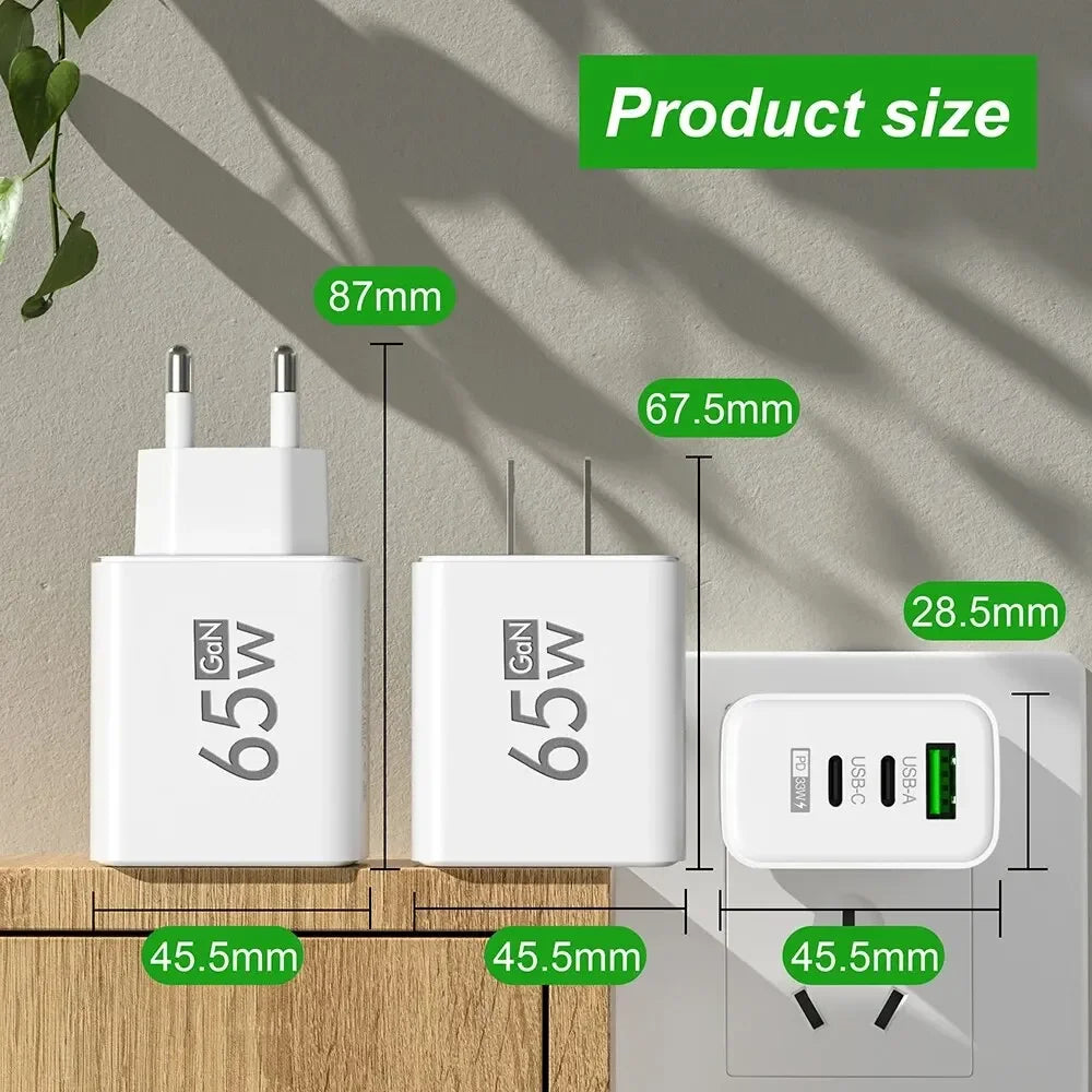 65W Gan Fast Charging Charger USB PD Type-C Multi-Port Mobile Phone Adapter for Iphone 15 Pro Max Samsung Xiaomi Huawei