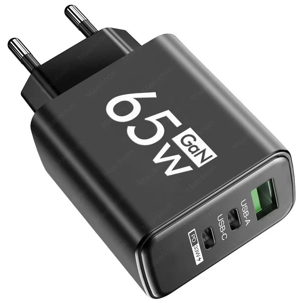 65W Gan Fast Charging Charger USB PD Type-C Multi-Port Mobile Phone Adapter for Iphone 15 Pro Max Samsung Xiaomi Huawei